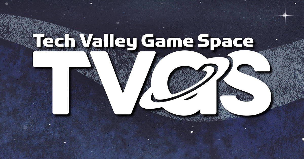 TVGS logo floating through cartoon space